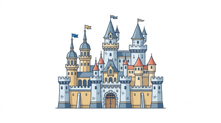 Fairytale Castle Illustration with Towers and Flags. © Riki