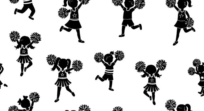 Active cheerleaders with pom poms jumping in seamless pattern