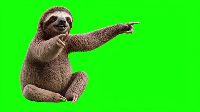 Realistic 3D sloth pointing to the side and then pointing at the viewer, call to action concept isolated on chroma key green screen background