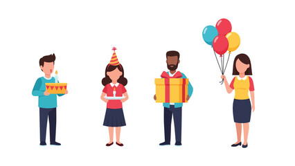 Fototapeta premium Diverse group of people celebrating a birthday with cake, gifts, and balloons, flat vector illustration.