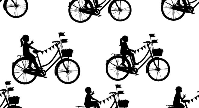 Children riding decorated vintage bicycles silhouette pattern