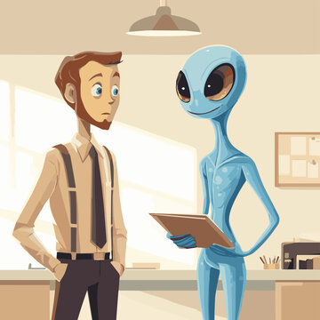 An alien and a human engage in a friendly business discussion in a modern office setting.