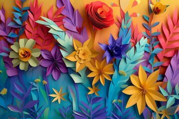 Fototapeta premium Colorful paper craft flowers and leaves forming a vibrant and lively garden scene