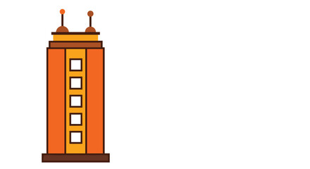 Obraz premium Flat vector icon of a tall orange and yellow skyscraper featuring a series of windows and dual antennas on its roof against a white background.