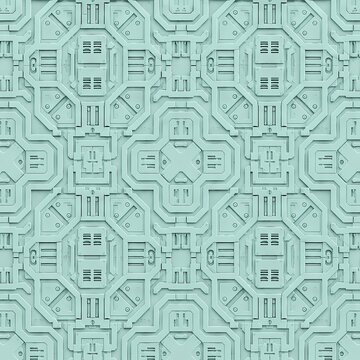 Mint green color variation of 3D greeble texture, seamless matte pastel blue mechanical panel pattern for tech and app UI background