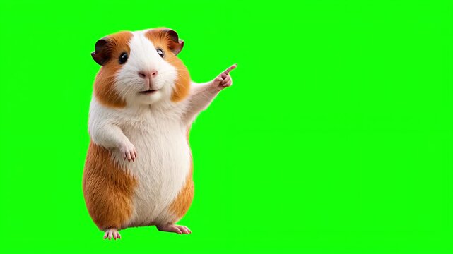 Realistic 3D guinea pig pointing to the side and explaining, presentation concept isolated on chroma key green screen background