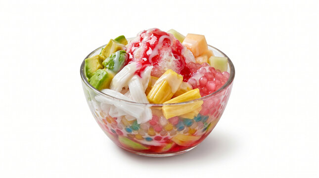 Traditional Indonesian es oyen dessert served in elegant glass bowl with colorful fruits, jelly and sweet syrup isolated on white background.
