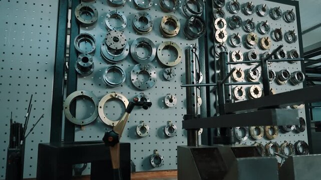 Industrial workshop pegboard wall with perforated panels showcasing meticulously organized circular metal components, including flanges, collars, and machining fixtures, sorted by size for efficient