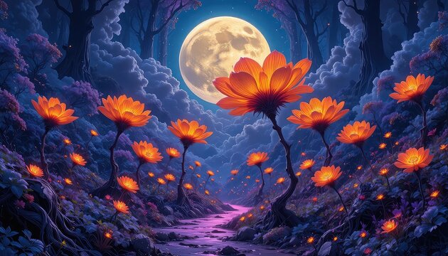 Magical moonlit flower landscape, huge amber blossoms illuminated by a radiant moon, deep purple forest clouds surrounding a glowing pathway, twisted roots and tiny luminous plants