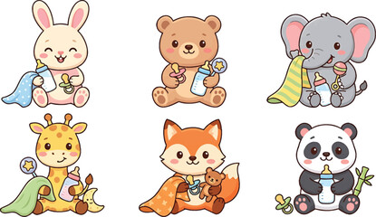 Fototapeta premium Cute baby animals holding feeding bottles and blankets vector illustration set featuring rabbit bear elephant giraffe fox and panda for nursery decor and children wall art designs