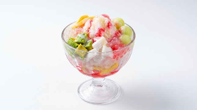 Authentic Indonesian es oyen dessert with mixed fruits, jelly and crushed ice in colorful sweet syrup isolated on white background.