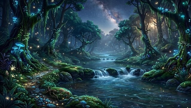 Breathtaking mystical forest landscape with a glowing blue river and bioluminescent plants, serene night scenery under a starry sky, ethereal and magical wilderness, high resolution professional fanta