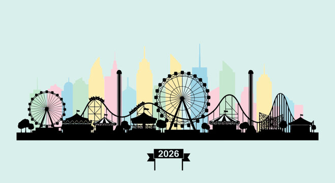 2026 Amusement Park Skyline Silhouette with Ferris Wheels and Roller Coaster