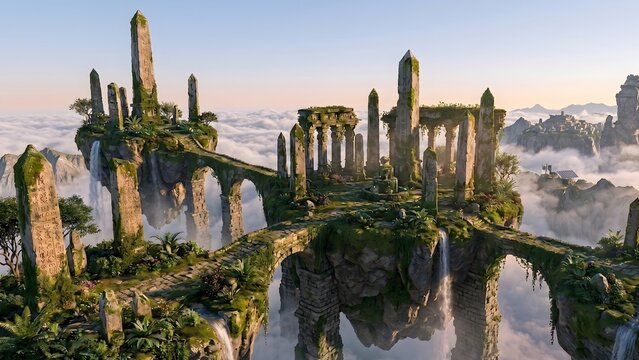 Breathtaking aerial view of ancient stone ruins floating on mystical islands above a vast sea of clouds, epic fantasy landscape at sunset, serene and remote wilderness, high resolution professional na