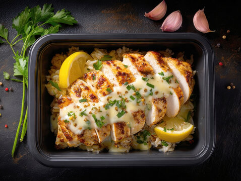 Grilled chicken breast sliced meal prep container with brown rice sauce lemon and fresh parsley on dark background overhead flat lay view healthy fitness nutrition diet planning macro shot