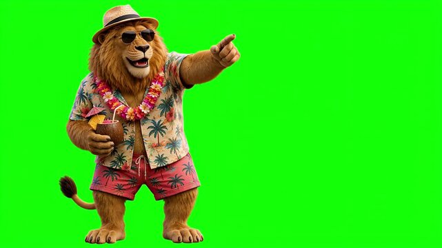Realistic 3D lion in summer vacation outfit pointing and explaining, travel presentation concept isolated on chroma key green screen background