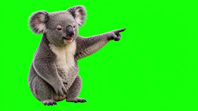 Realistic 3D koala pointing to the side and explaining, presentation concept isolated on chroma key green screen background