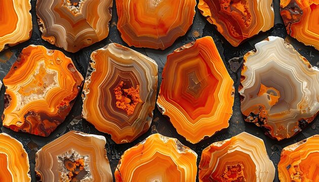 Close-up Macro View of Sliced Orange Agate Geode Slices.