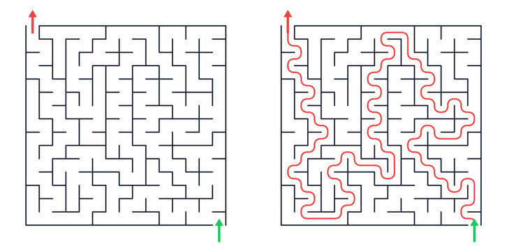Maze design with solution path and complex structure  