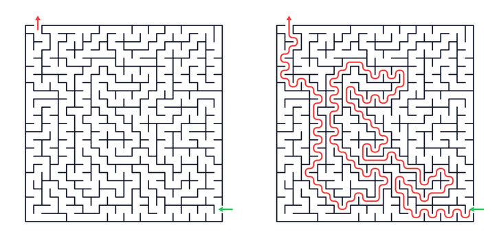 Maze layout with path marked in red on white background  