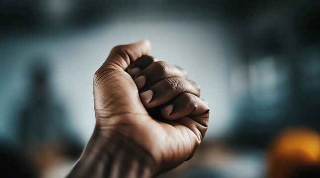 Close-up of a clenched fist, symbolizing strength, power, and resistance.