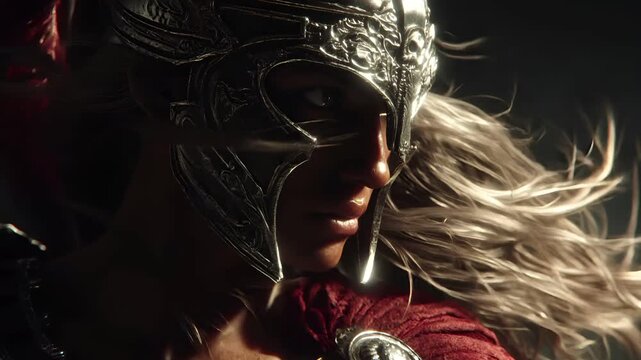 Greek mythology god Athena. Fantasy. A closeup portrait of a warrior, captured in a dramatic and intense style. The warrior wears a metallic, ornate helmet with intricate detailing and a flowing.