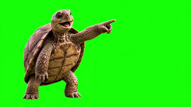 Realistic 3D turtle pointing to the side and explaining, presentation concept isolated on chroma key green screen background