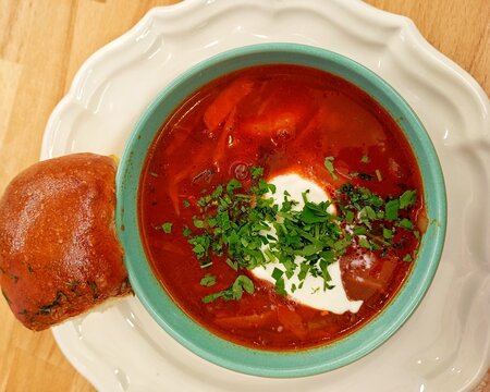 Traditional Ukrainian Red Borscht Soup with Pampushka