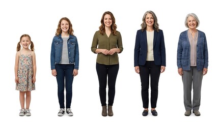Obraz premium Group of five Caucasian females of different ages standing in a row from youngest to oldest on a white background, representing aging and life stages