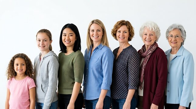 Half-length portrait of seven diverse smiling females of different ages standing in a row from youngest to oldest against a white background