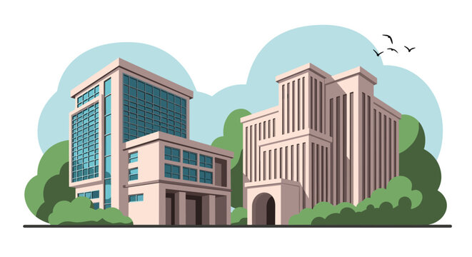 Modern corporate office buildings with large glass windows and pink walls surrounded by lush green trees with small birds flying in a blue sky above.