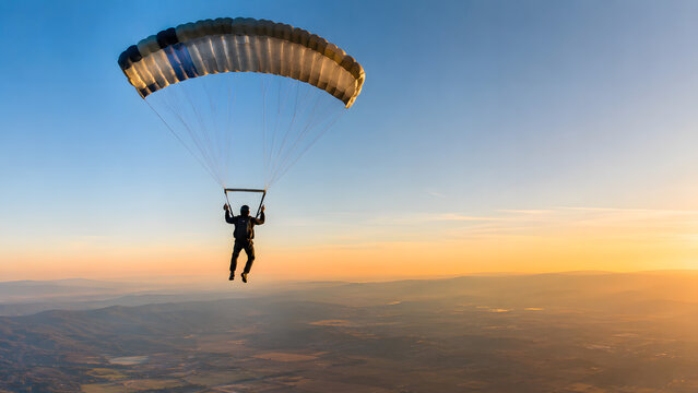 Solo Parachutist Flying Over Mountain Landscape at Sunset