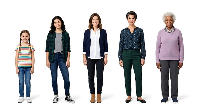 Group of diverse women of different ages standing in a row from youngest to oldest on a white background, representing generations and aging