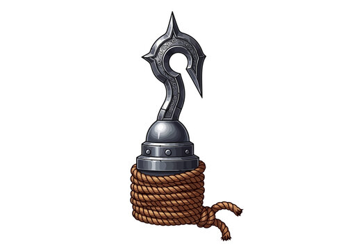 A metallic grappling hook with a thick rope coiled around its base.