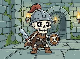 Naklejka premium A cartoon skeleton warrior standing in armor with a sword and shield.