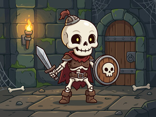 Naklejka premium A cartoon skeleton warrior standing ready for battle in armor.