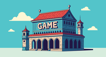Naklejka premium Ancient building with a large game sign on its front featuring red tiled roofs and two watchtowers under a bright and clear blue sky.