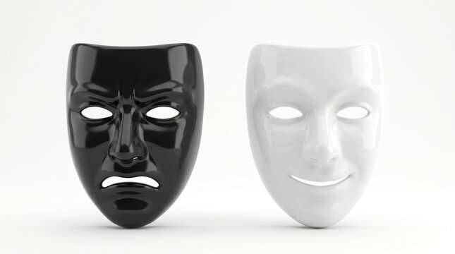 Black Sad Theater Mask and White Happy Theater Mask on White Background
