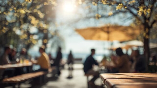 people in beer garden on a sunny day in summer blurry background animation