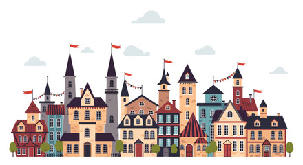 Fototapeta premium Vibrant illustration of a charming European village street with colorful houses of various shapes and sizes decorated with small flags.