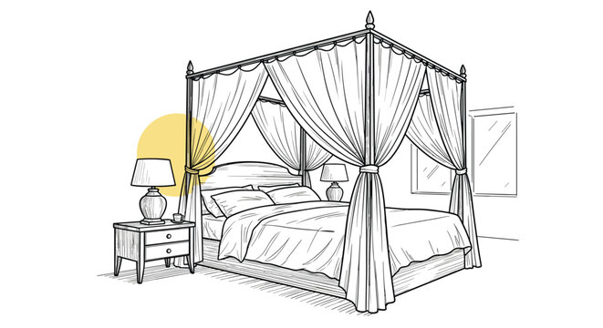 Detailed line drawing of a luxurious four-poster canopy bed with pillows, nightstand, and a glowing bedside lamp.