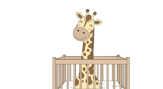 Adorable cartoon giraffe with a long neck peeking out from inside a wooden baby crib or playpen illustration.