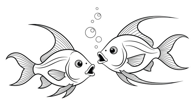 Delicate line art drawing of two tropical angelfish swimming towards each other with bubbles in the deep water.