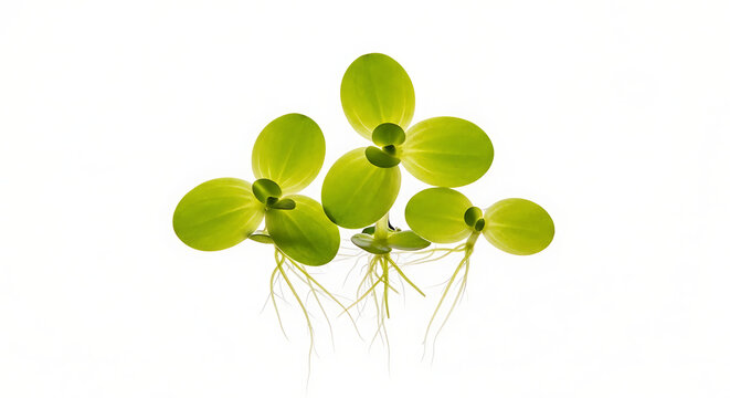 Floating duckweed plants isolated on white background, delicate green aquatic flora with roots