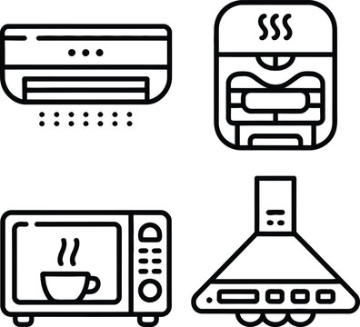 Four essential kitchen appliances depicted in simple line art icons