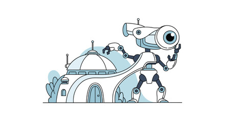 Naklejka premium Cybernetic robot with a large eye lens stands beside a futuristic dome house under a clear sky in a minimal illustration style.