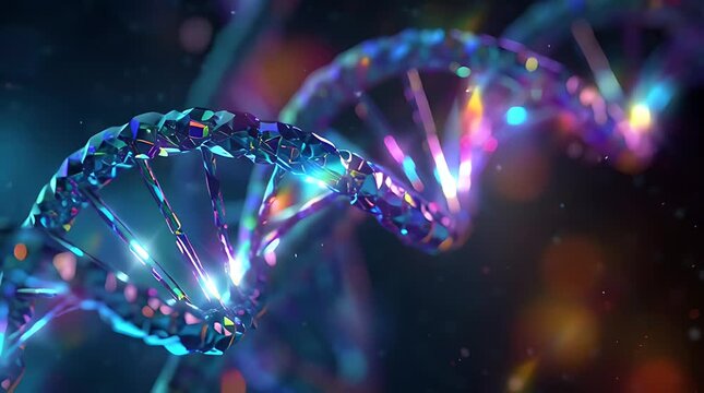 Abstract visualization of a glowing, crystalline DNA double helix structure with bokeh lights.