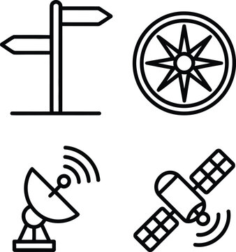 Four icons representing navigation, communication, and satellite technology concepts