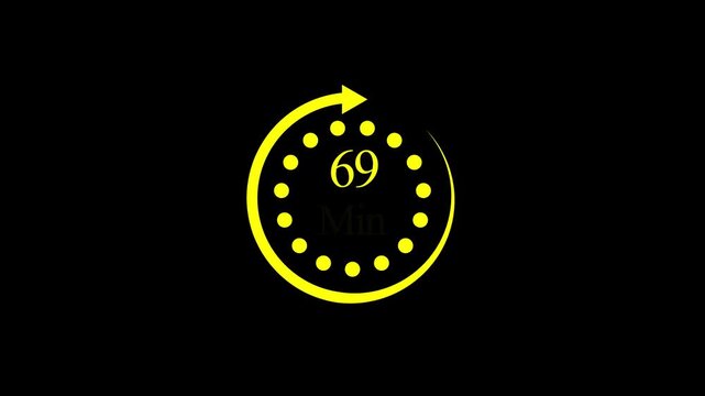 White color circle arrow refresh icon and 69 min timer icon.minutes stopwatch icon. Stopwatch icon in flat style.