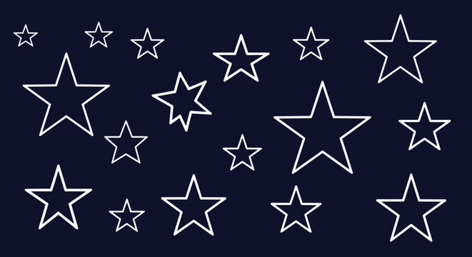 Seamless pattern of various sized white outlined stars scattered across a dark blue night sky background in a simple graphic style.